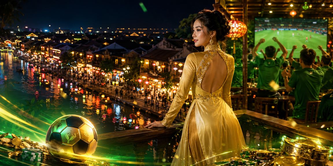 Không gian VIP casino tại Hội An với áo dài và đèn lồng trang trí – buổi tối sang trọng