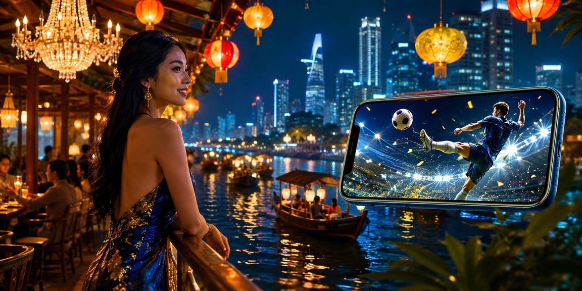Không khí chợ đêm miền Tây sông nước với người dùng đang trải nghiệm casino trên điện thoại di động