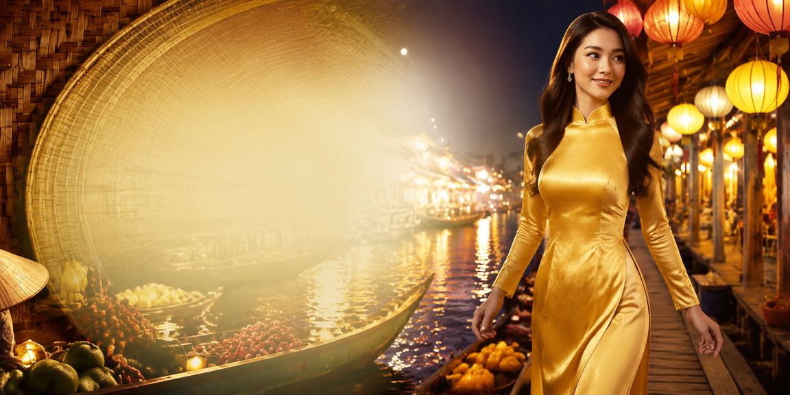 Người chơi Tài Xỉu với xúc xắc tại vùng sông nước Mekong, mặc áo dài trong không khí truyền thống